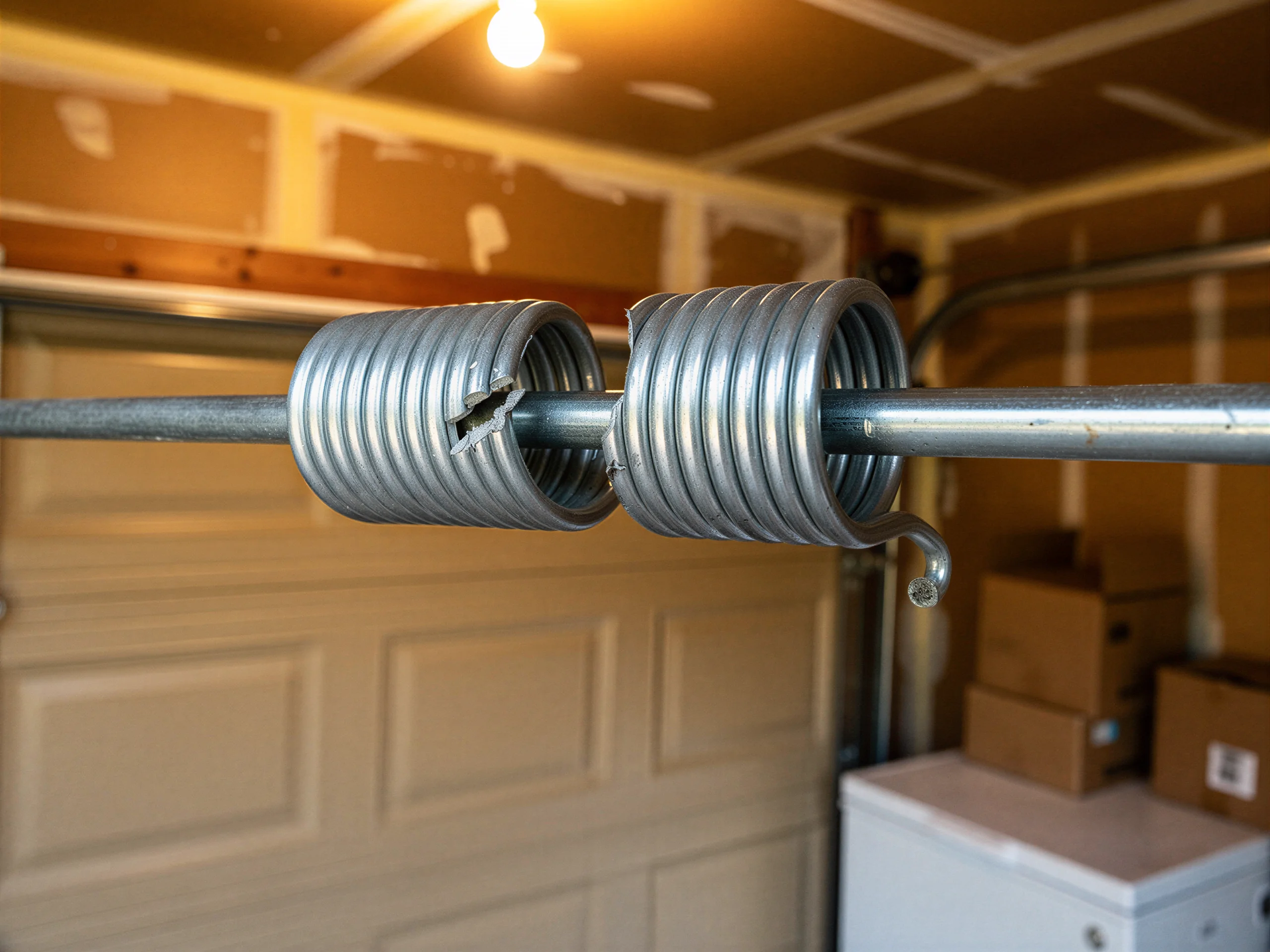 A broken torsion spring is on a metal rod above a garage door.